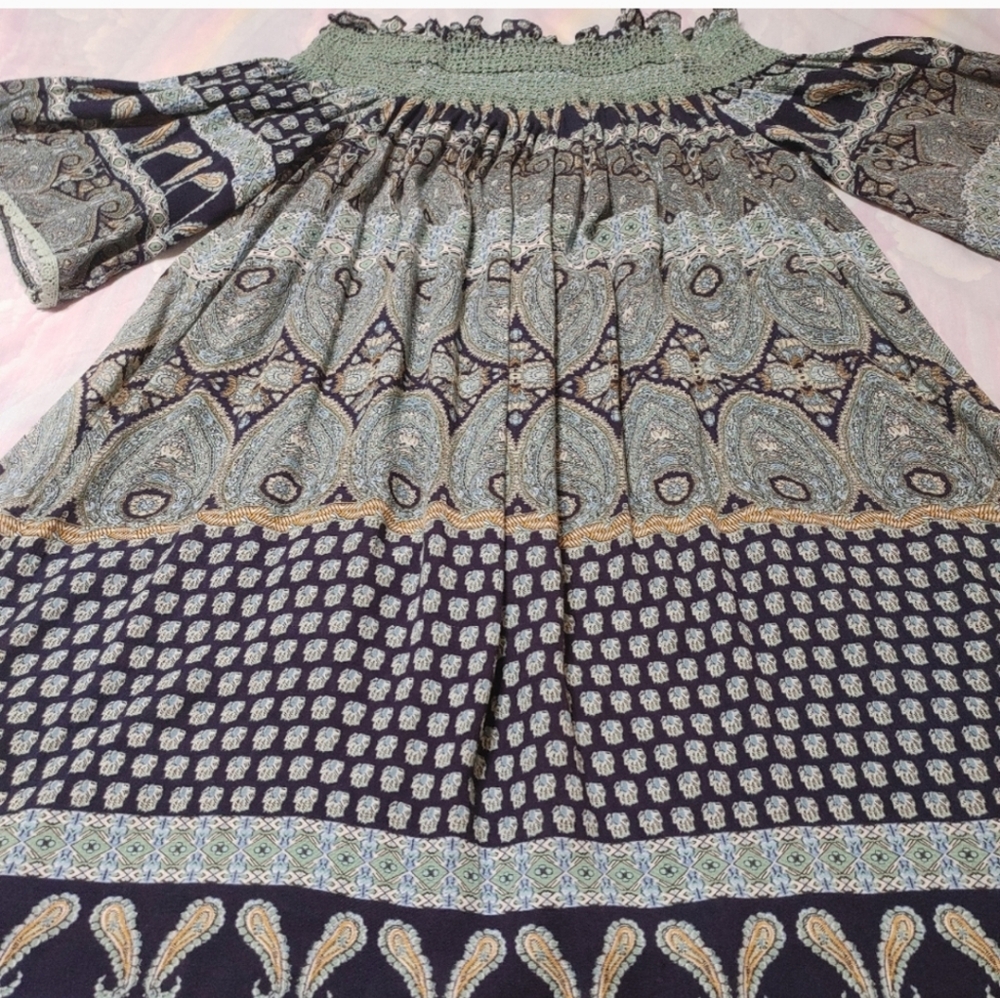 Chic Paisley Print Midi Off The Shoulder Dress in Blue, Green & Beige